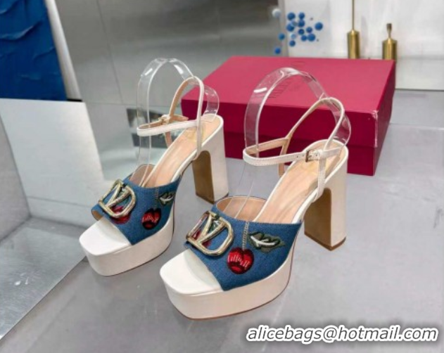 Best Product Valentino VLogo Signature Cherryfic Platform Sandals 11cm in Blue Denim and Leather White 1104098