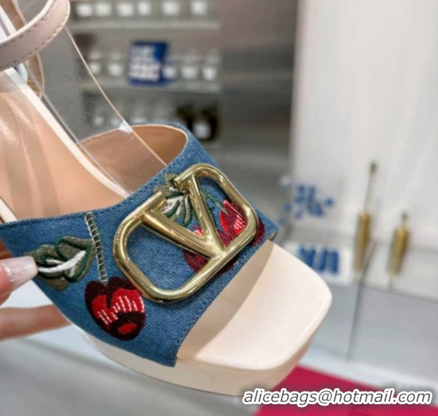 Best Product Valentino VLogo Signature Cherryfic Platform Sandals 11cm in Blue Denim and Leather White 1104098