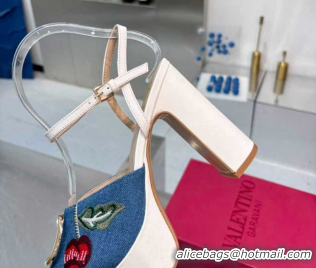 Best Product Valentino VLogo Signature Cherryfic Platform Sandals 11cm in Blue Denim and Leather White 1104098