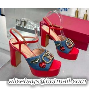 Charming Valentino VLogo Signature Cherryfic Platform Sandals 11cm in Blue Denim and Leather Red 1104099