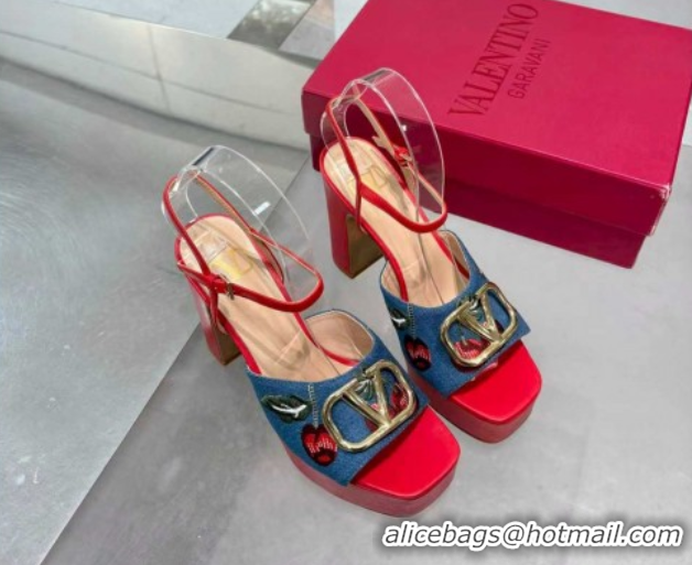 Charming Valentino VLogo Signature Cherryfic Platform Sandals 11cm in Blue Denim and Leather Red 1104099