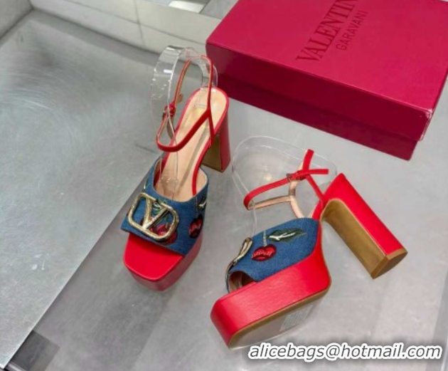 Charming Valentino VLogo Signature Cherryfic Platform Sandals 11cm in Blue Denim and Leather Red 1104099