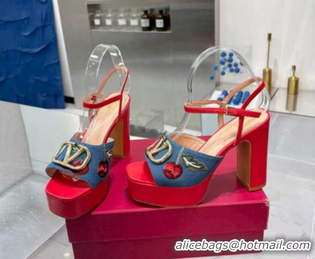 Charming Valentino VLogo Signature Cherryfic Platform Sandals 11cm in Blue Denim and Leather Red 1104099