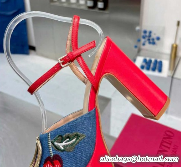 Charming Valentino VLogo Signature Cherryfic Platform Sandals 11cm in Blue Denim and Leather Red 1104099