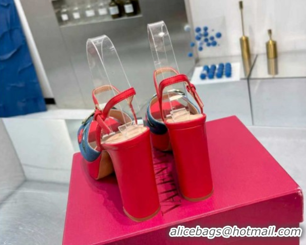 Charming Valentino VLogo Signature Cherryfic Platform Sandals 11cm in Blue Denim and Leather Red 1104099
