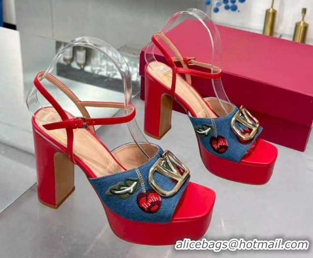 Charming Valentino VLogo Signature Cherryfic Platform Sandals 11cm in Blue Denim and Leather Red 1104099