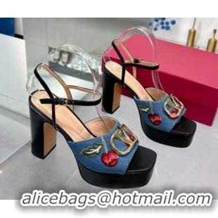 Good Quality Valentino VLogo Signature Cherryfic Platform Sandals 11cm in Blue Denim and Leather Black 1104100