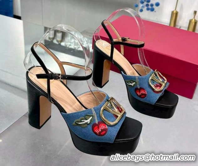 Good Quality Valentino VLogo Signature Cherryfic Platform Sandals 11cm in Blue Denim and Leather Black 1104100