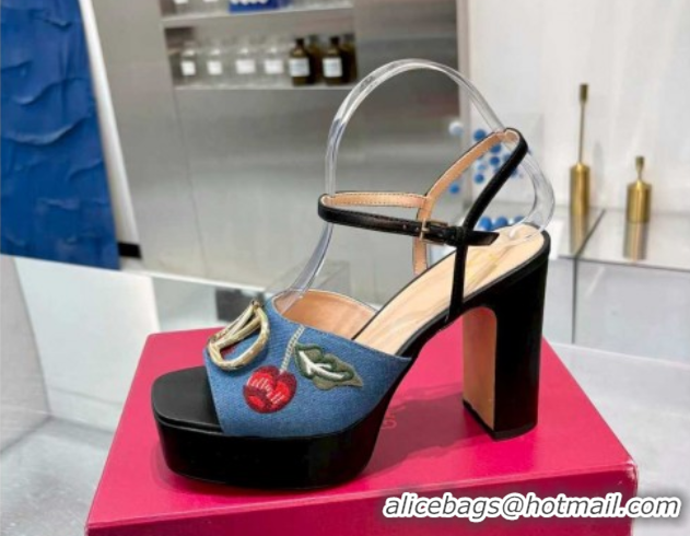 Good Quality Valentino VLogo Signature Cherryfic Platform Sandals 11cm in Blue Denim and Leather Black 1104100