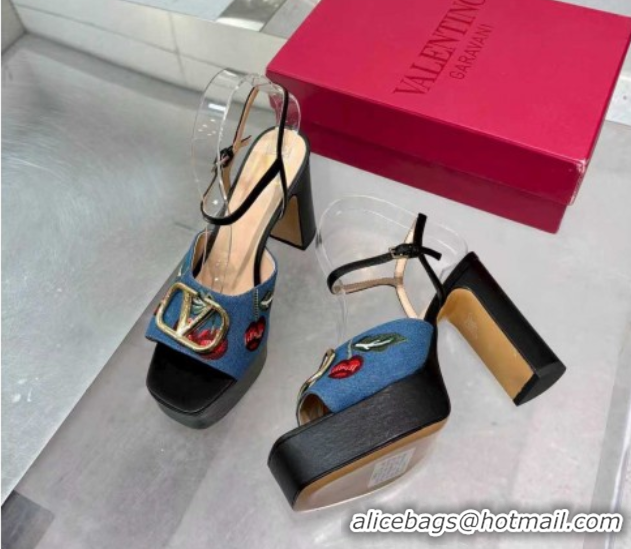 Good Quality Valentino VLogo Signature Cherryfic Platform Sandals 11cm in Blue Denim and Leather Black 1104100