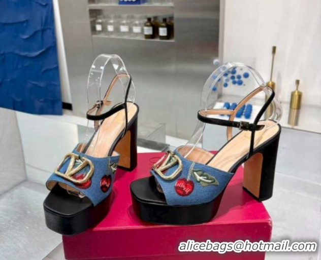 Good Quality Valentino VLogo Signature Cherryfic Platform Sandals 11cm in Blue Denim and Leather Black 1104100