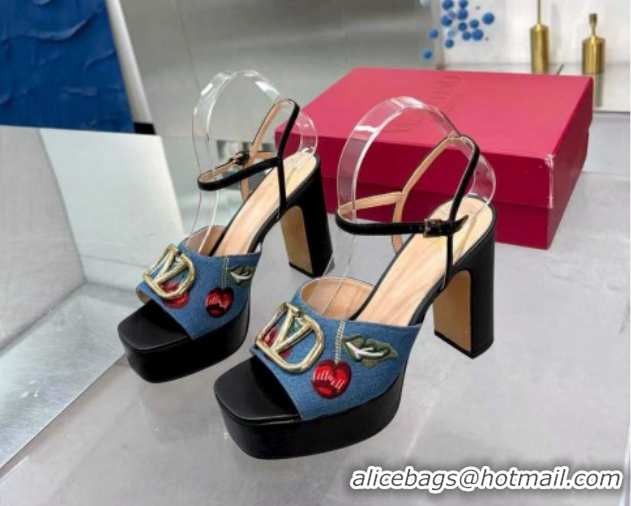 Good Quality Valentino VLogo Signature Cherryfic Platform Sandals 11cm in Blue Denim and Leather Black 1104100
