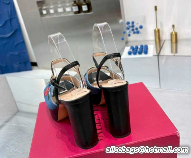 Good Quality Valentino VLogo Signature Cherryfic Platform Sandals 11cm in Blue Denim and Leather Black 1104100