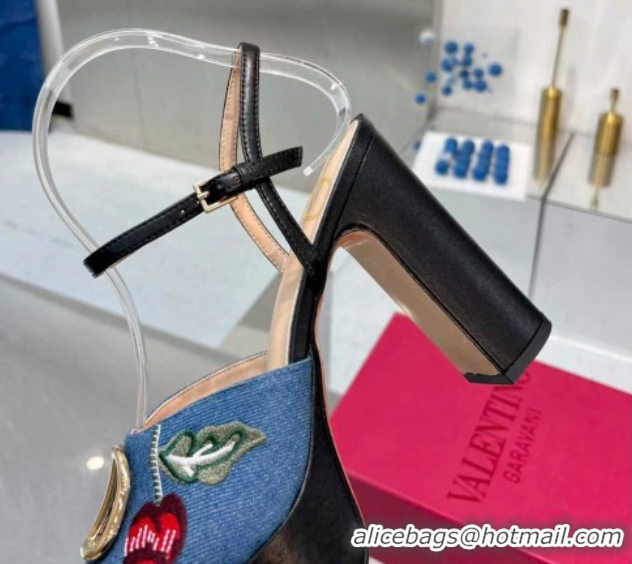 Good Quality Valentino VLogo Signature Cherryfic Platform Sandals 11cm in Blue Denim and Leather Black 1104100