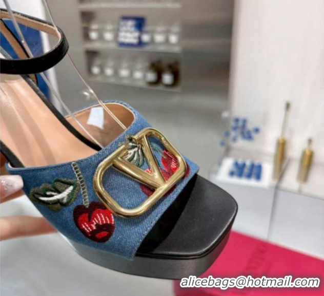 Good Quality Valentino VLogo Signature Cherryfic Platform Sandals 11cm in Blue Denim and Leather Black 1104100