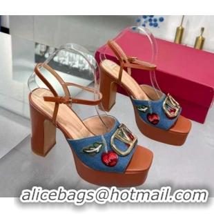 Luxurious Valentino VLogo Signature Cherryfic Platform Sandals 11cm in Blue Denim and Leather Brown 1104101