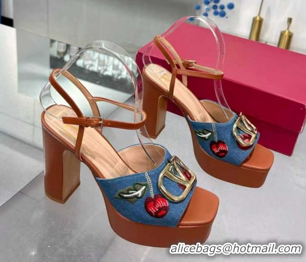 Luxurious Valentino VLogo Signature Cherryfic Platform Sandals 11cm in Blue Denim and Leather Brown 1104101