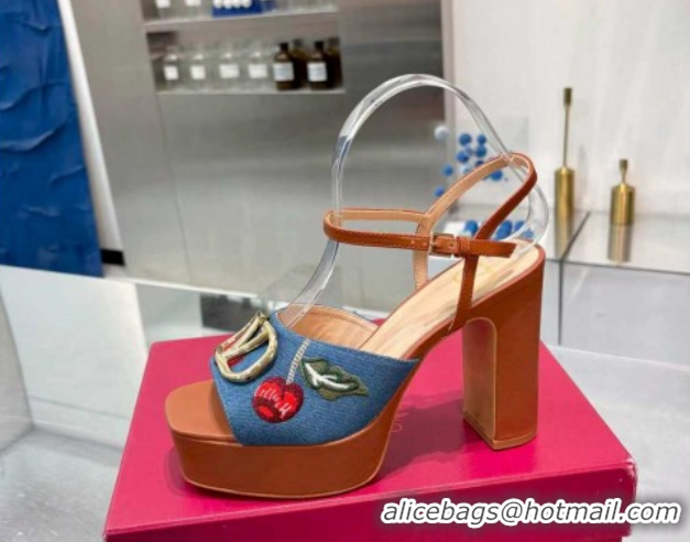 Luxurious Valentino VLogo Signature Cherryfic Platform Sandals 11cm in Blue Denim and Leather Brown 1104101