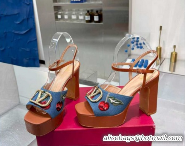 Luxurious Valentino VLogo Signature Cherryfic Platform Sandals 11cm in Blue Denim and Leather Brown 1104101