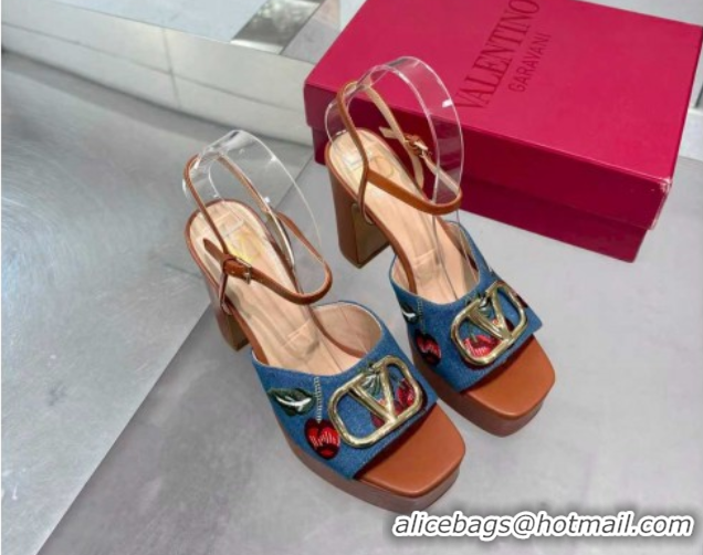 Luxurious Valentino VLogo Signature Cherryfic Platform Sandals 11cm in Blue Denim and Leather Brown 1104101