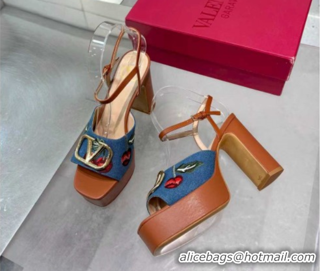 Luxurious Valentino VLogo Signature Cherryfic Platform Sandals 11cm in Blue Denim and Leather Brown 1104101