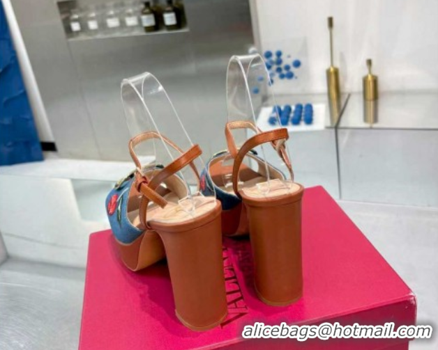 Luxurious Valentino VLogo Signature Cherryfic Platform Sandals 11cm in Blue Denim and Leather Brown 1104101