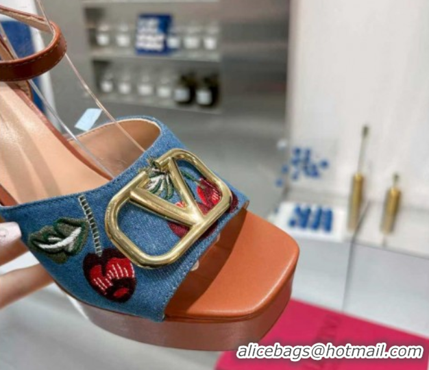 Luxurious Valentino VLogo Signature Cherryfic Platform Sandals 11cm in Blue Denim and Leather Brown 1104101