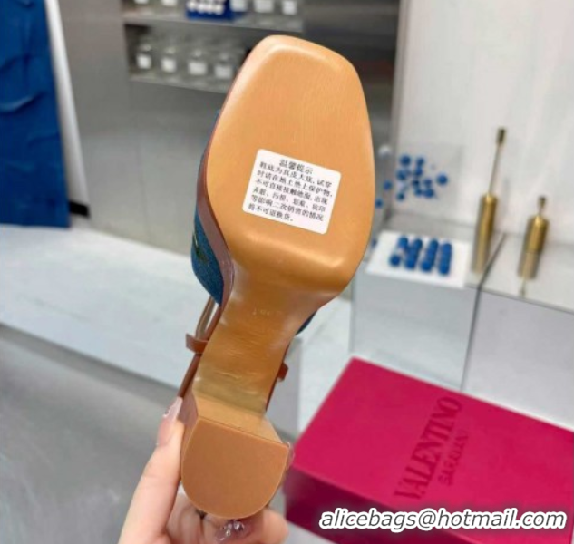 Luxurious Valentino VLogo Signature Cherryfic Platform Sandals 11cm in Blue Denim and Leather Brown 1104101