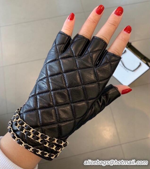 Best Price Chanel Quilted Lambskin Gloves with Chain Wrap 1023 Black 2024