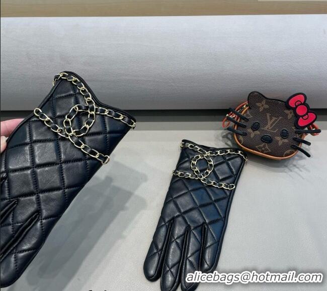Best Price Chanel Quilted Lambskin Gloves with Maxi Chain CC 3131 Black 2024