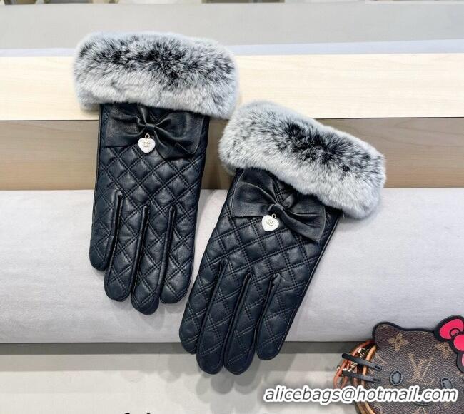Spot Wholesale Chanel Lambskin and Rabbit Fur Gloves with Heart and Bow 3132 Black 2024