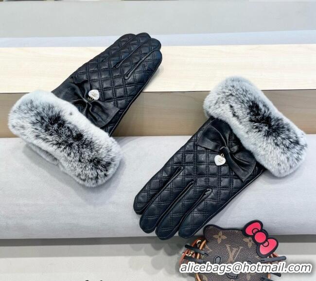 Spot Wholesale Chanel Lambskin and Rabbit Fur Gloves with Heart and Bow 3132 Black 2024