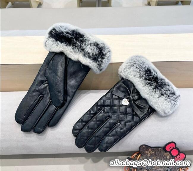 Spot Wholesale Chanel Lambskin and Rabbit Fur Gloves with Heart and Bow 3132 Black 2024