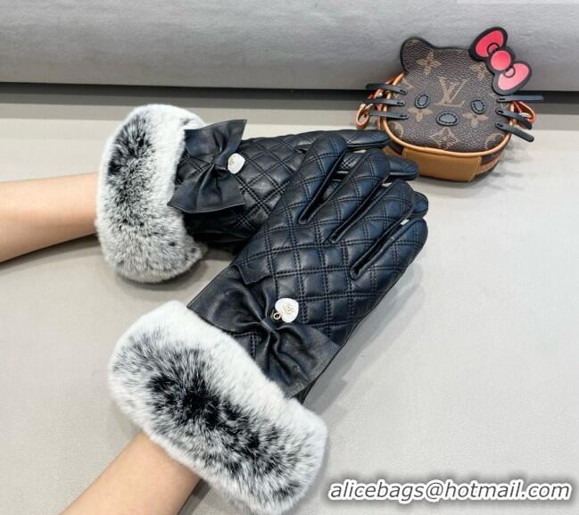 Spot Wholesale Chanel Lambskin and Rabbit Fur Gloves with Heart and Bow 3132 Black 2024