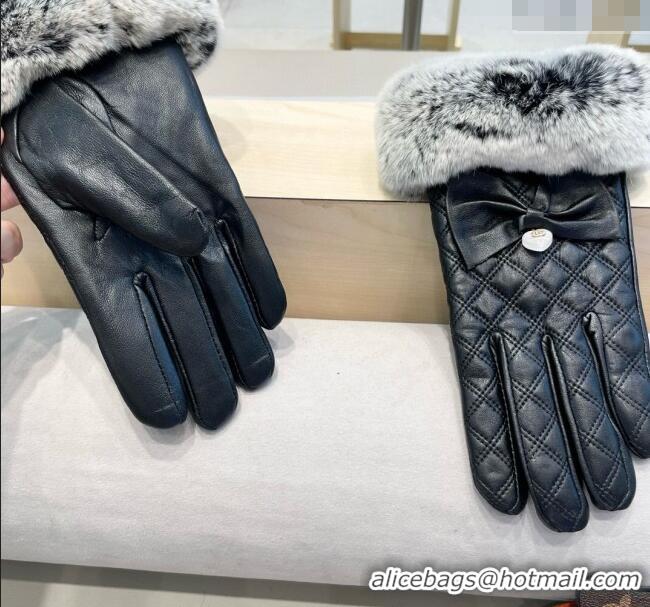 Spot Wholesale Chanel Lambskin and Rabbit Fur Gloves with Heart and Bow 3132 Black 2024