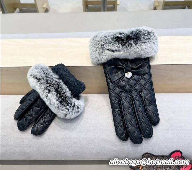 Spot Wholesale Chanel Lambskin and Rabbit Fur Gloves with Heart and Bow 3132 Black 2024