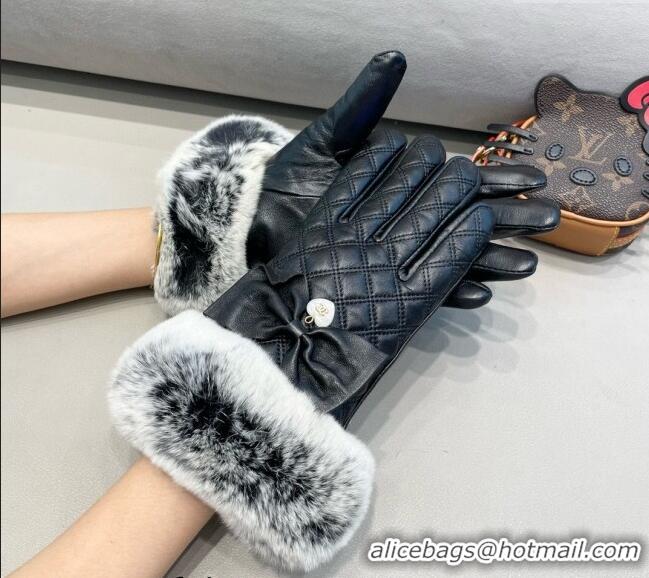Spot Wholesale Chanel Lambskin and Rabbit Fur Gloves with Heart and Bow 3132 Black 2024