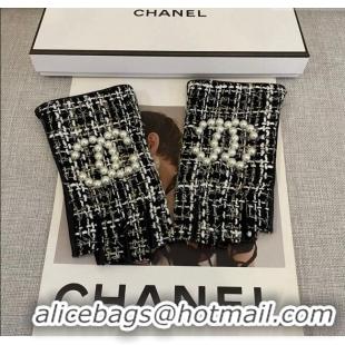 Grade Quality Chanel Tweed Short Gloves Pearls CC L 1023 Black 2024