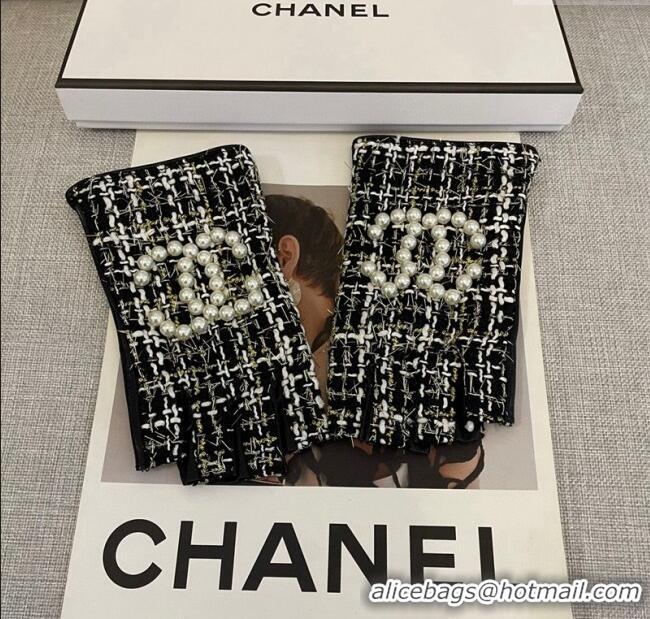 Grade Quality Chanel Tweed Short Gloves Pearls CC L 1023 Black 2024