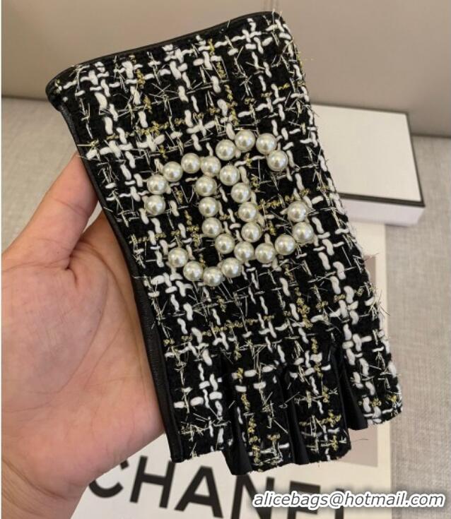 Grade Quality Chanel Tweed Short Gloves Pearls CC L 1023 Black 2024