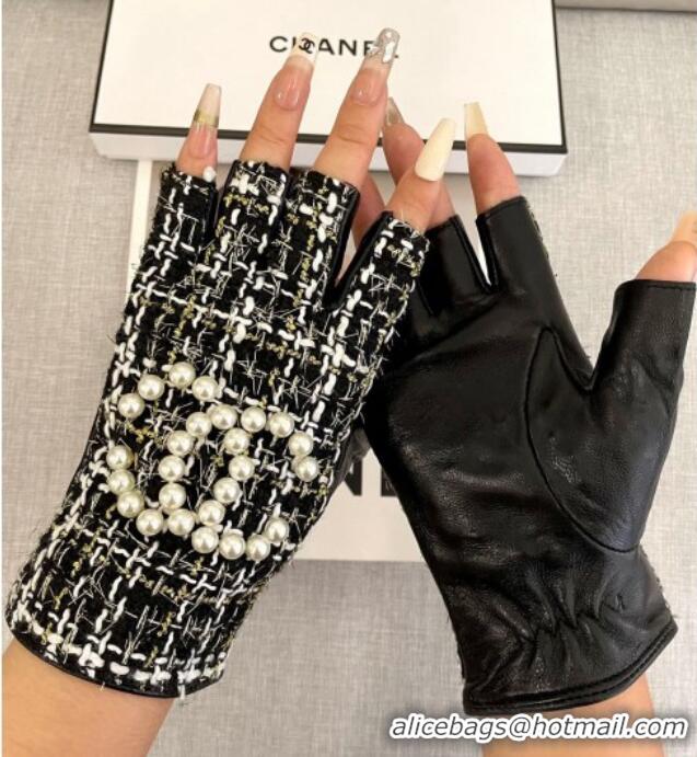Grade Quality Chanel Tweed Short Gloves Pearls CC L 1023 Black 2024
