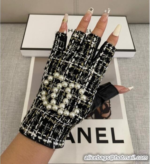Grade Quality Chanel Tweed Short Gloves Pearls CC L 1023 Black 2024