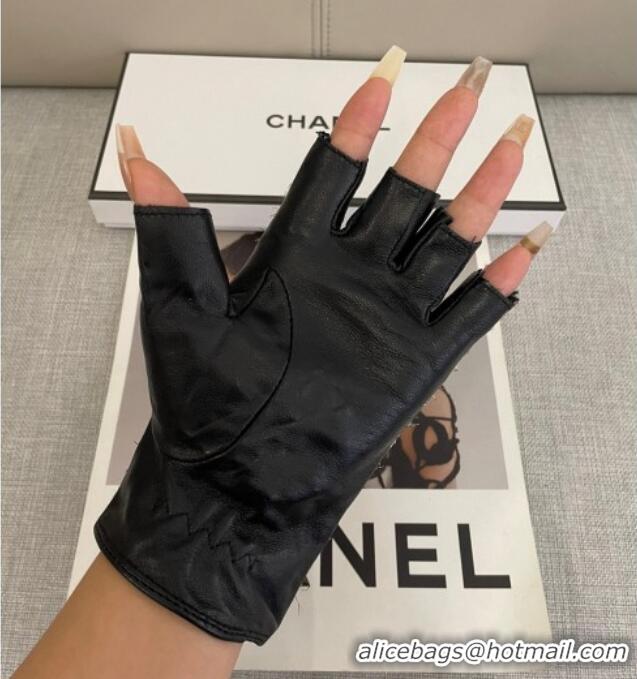 Grade Quality Chanel Tweed Short Gloves Pearls CC L 1023 Black 2024