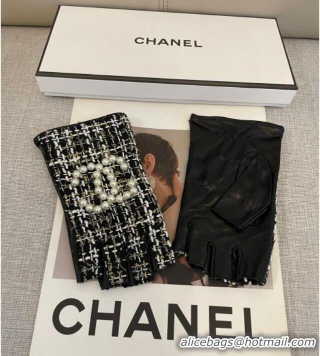 Grade Quality Chanel Tweed Short Gloves Pearls CC L 1023 Black 2024