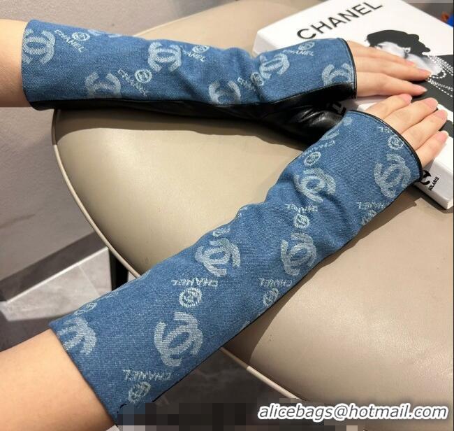 Luxury Classic Chanel Denim Fingerless Long Gloves 1023 Blue 2024