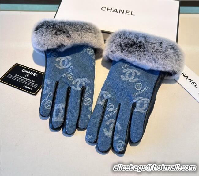 Fashion Discount Chanel Fur, Denim and Leather Gloves 1023 Blue 2024