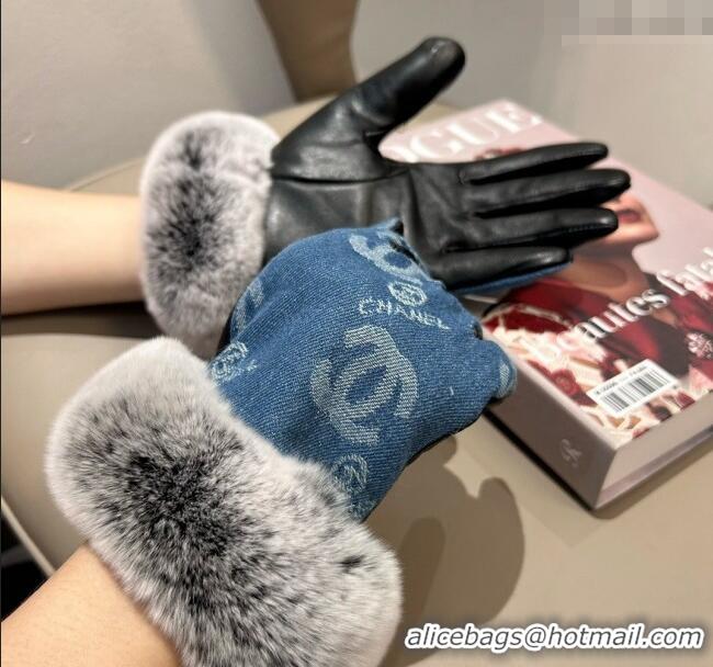 Fashion Discount Chanel Fur, Denim and Leather Gloves 1023 Blue 2024