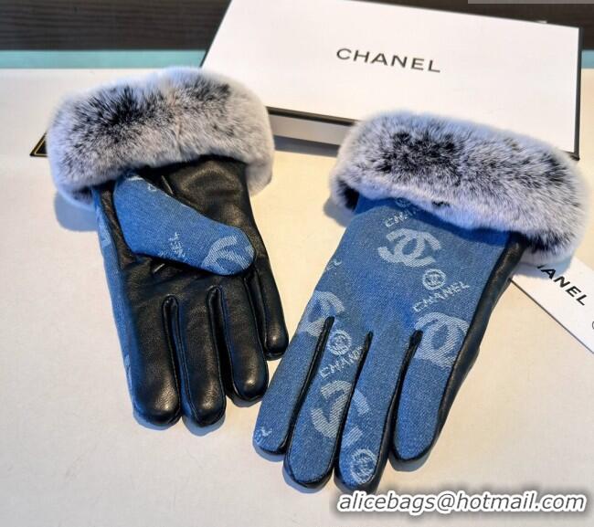 Fashion Discount Chanel Fur, Denim and Leather Gloves 1023 Blue 2024