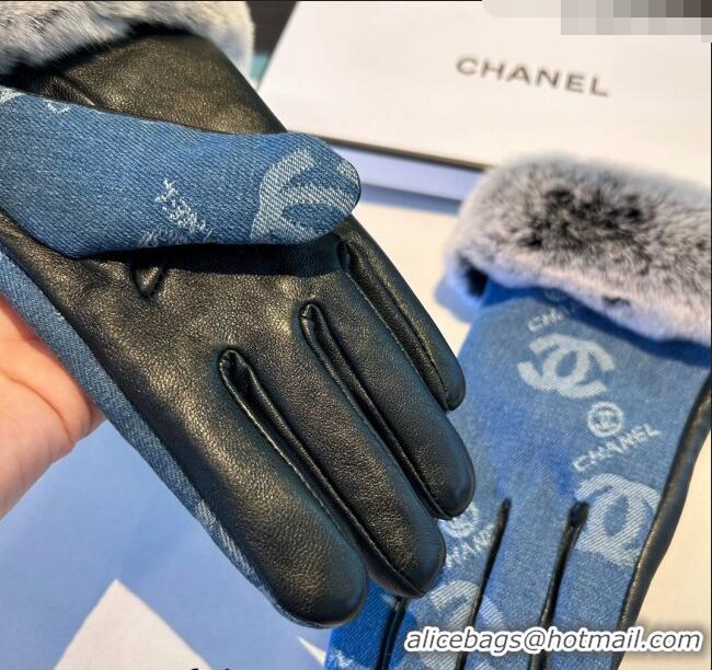 Fashion Discount Chanel Fur, Denim and Leather Gloves 1023 Blue 2024