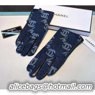 Buy Fashionable Chanel CC Denim and Leather Gloves 1023 Deep Blue 2024